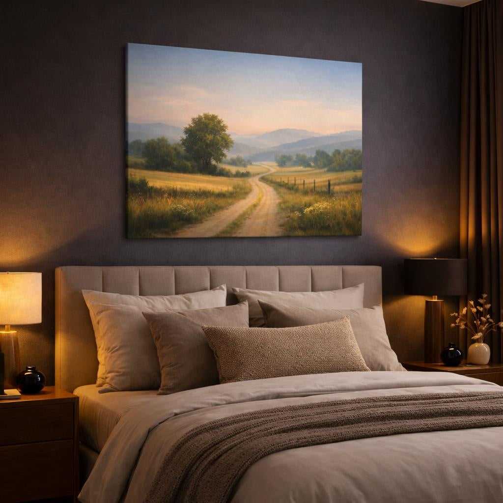 Nature Country Road Map shown as canvas wall art in a luxury bedroom