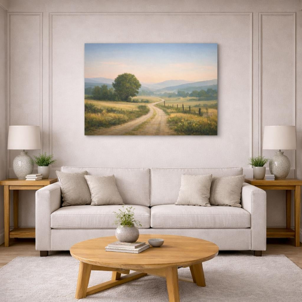 Nature Country Road Map shown as canvas wall art in a modern living room