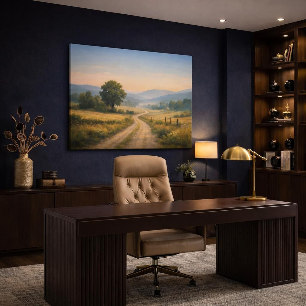 Nature Country Road Map shown as canvas wall art in a refined dining room