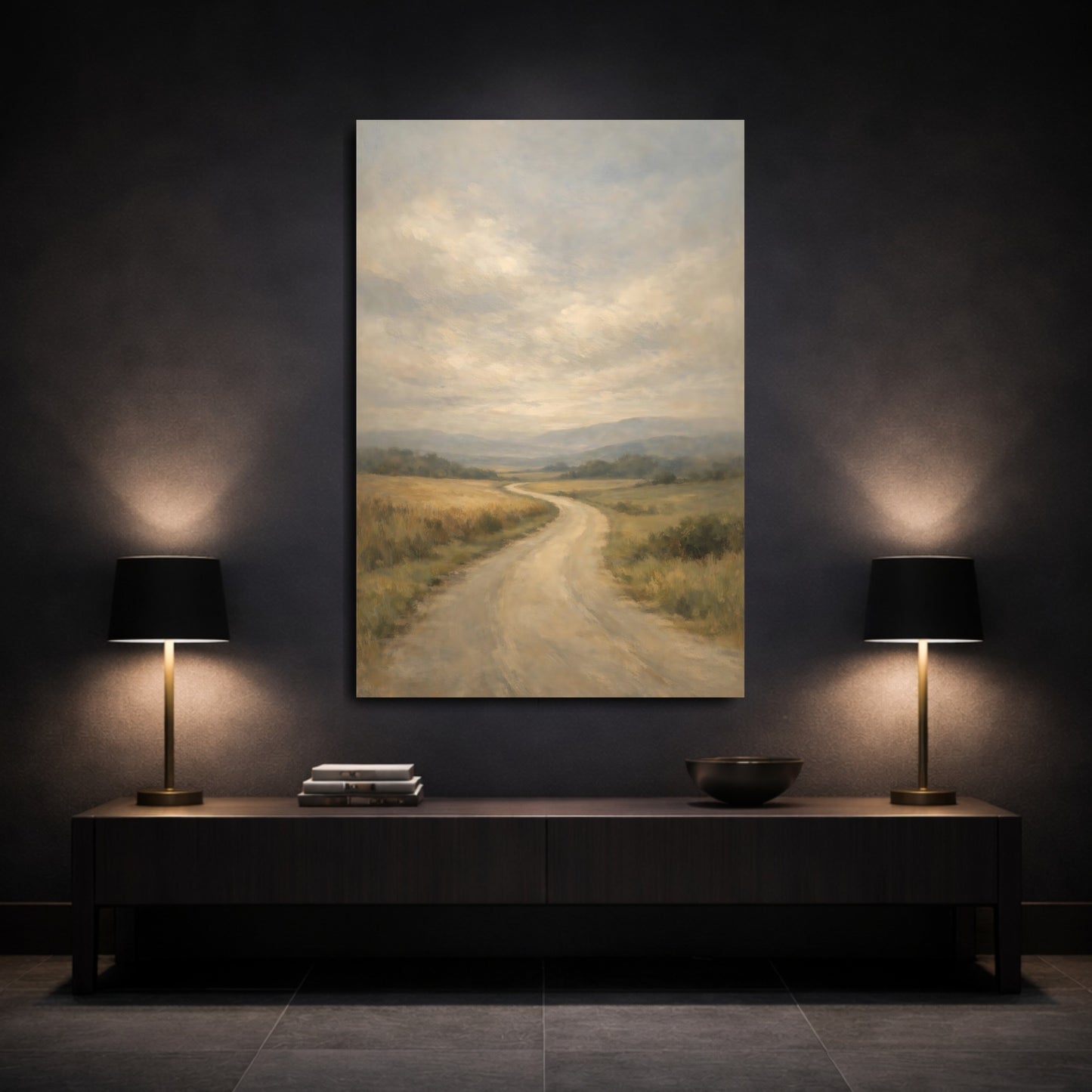 Mockup 2. Nature Country Road Muted Countryside shown as stretched canvas wall art