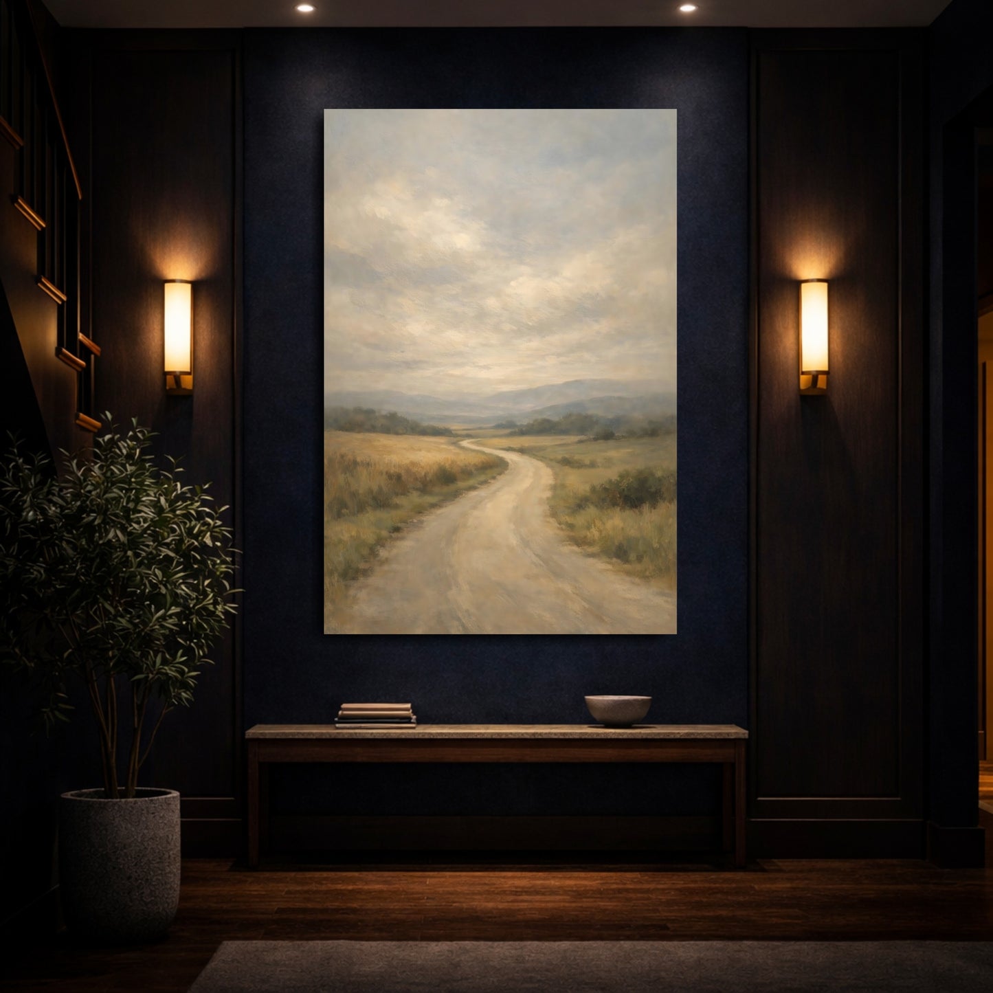 Mockup 3. Nature Country Road Muted Countryside shown as stretched canvas wall art