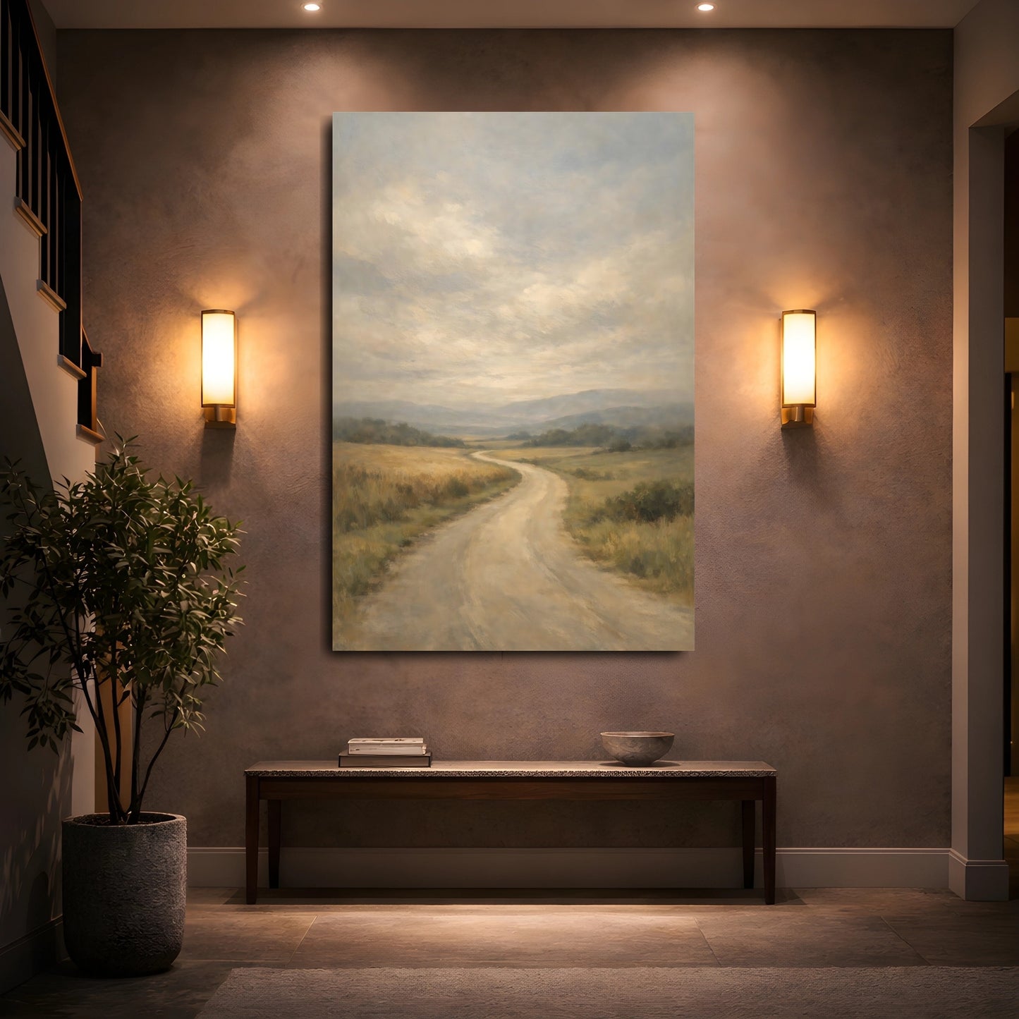 Mockup 4. Nature Country Road Muted Countryside shown as stretched canvas wall art
