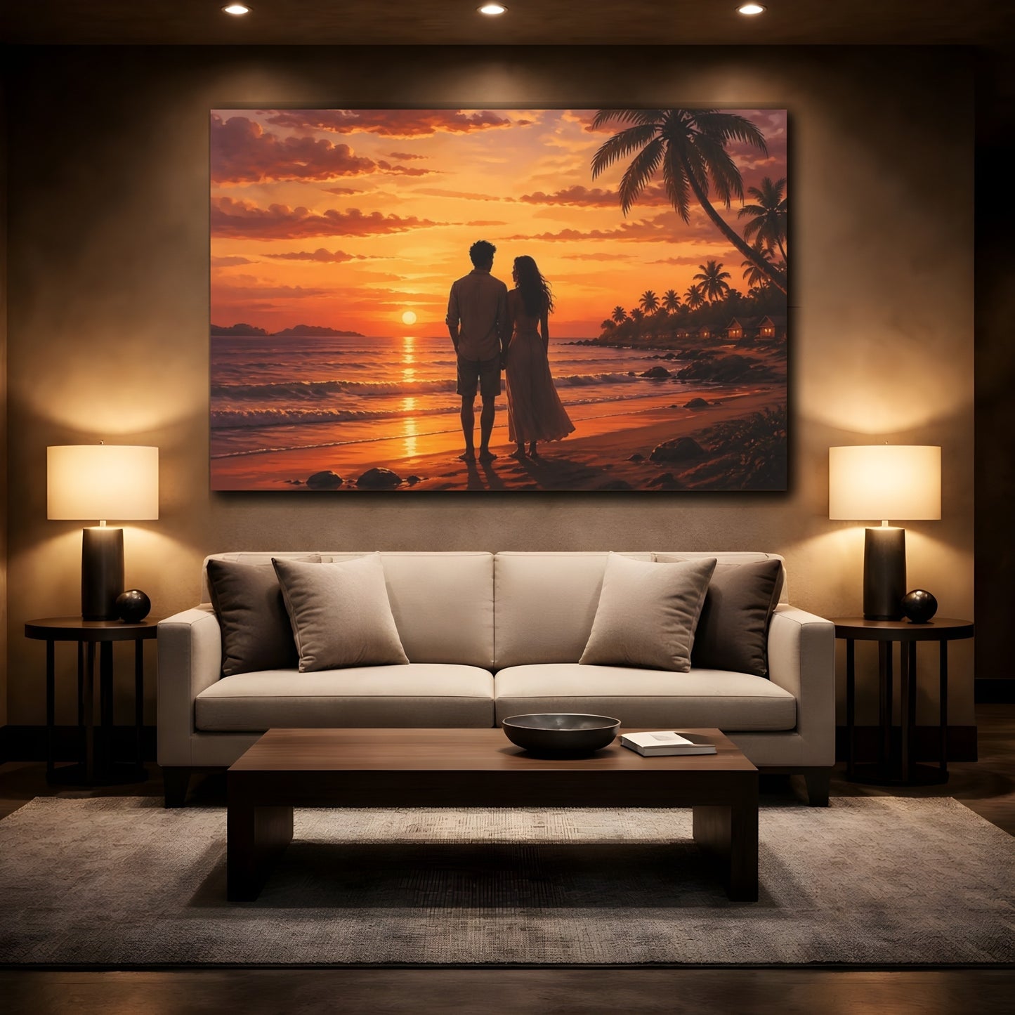 Mockup 2. Nature Couple Sunset Orange And Gold shown as stretched canvas wall art