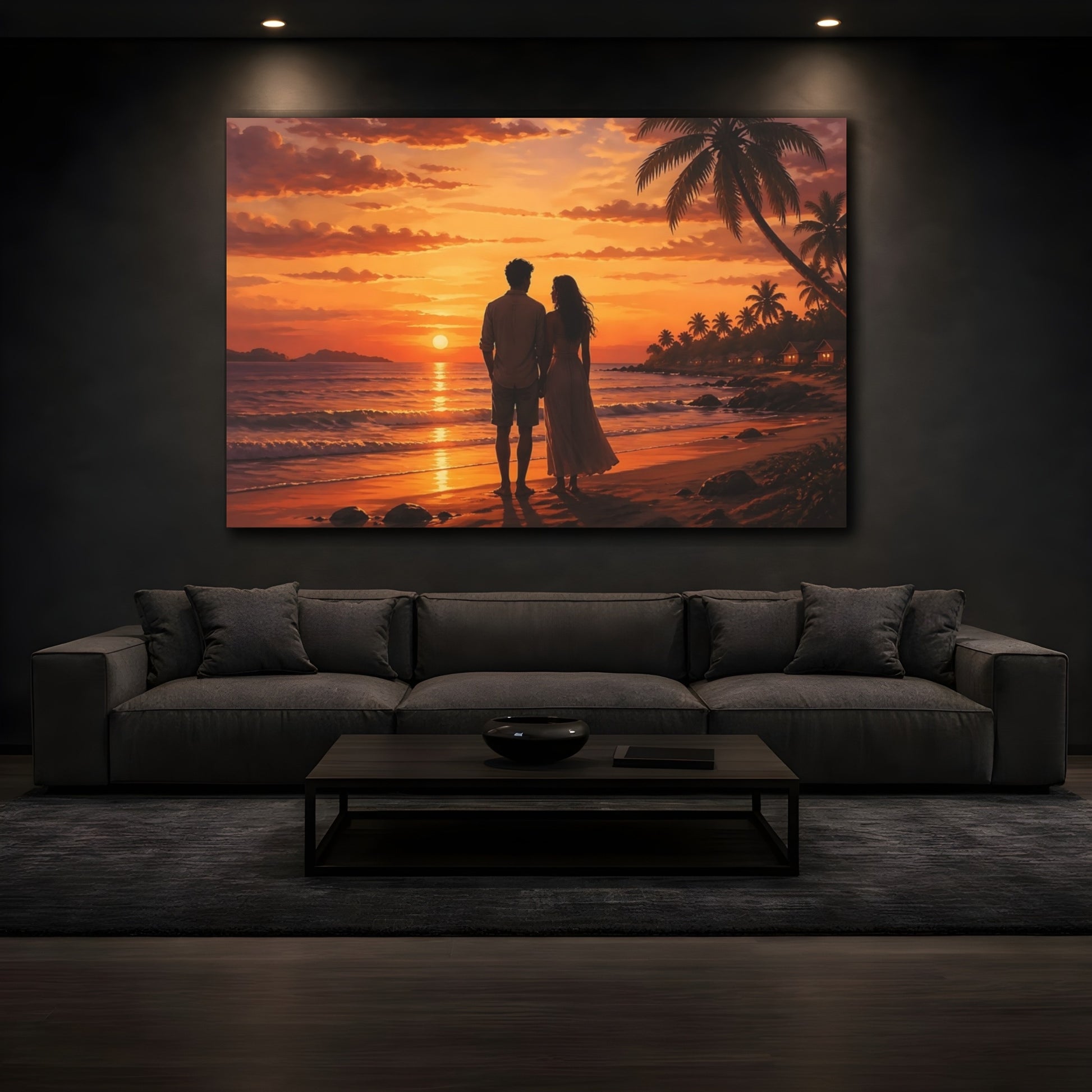 Mockup 3. Nature Couple Sunset Orange And Gold shown as stretched canvas wall art