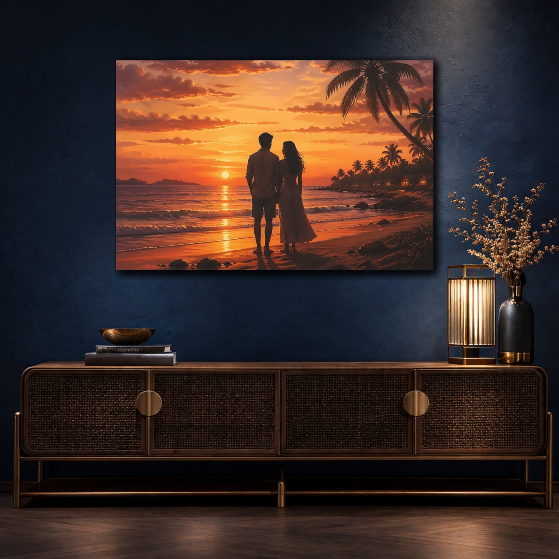 Mockup 4. Nature Couple Sunset Orange And Gold shown as stretched canvas wall art