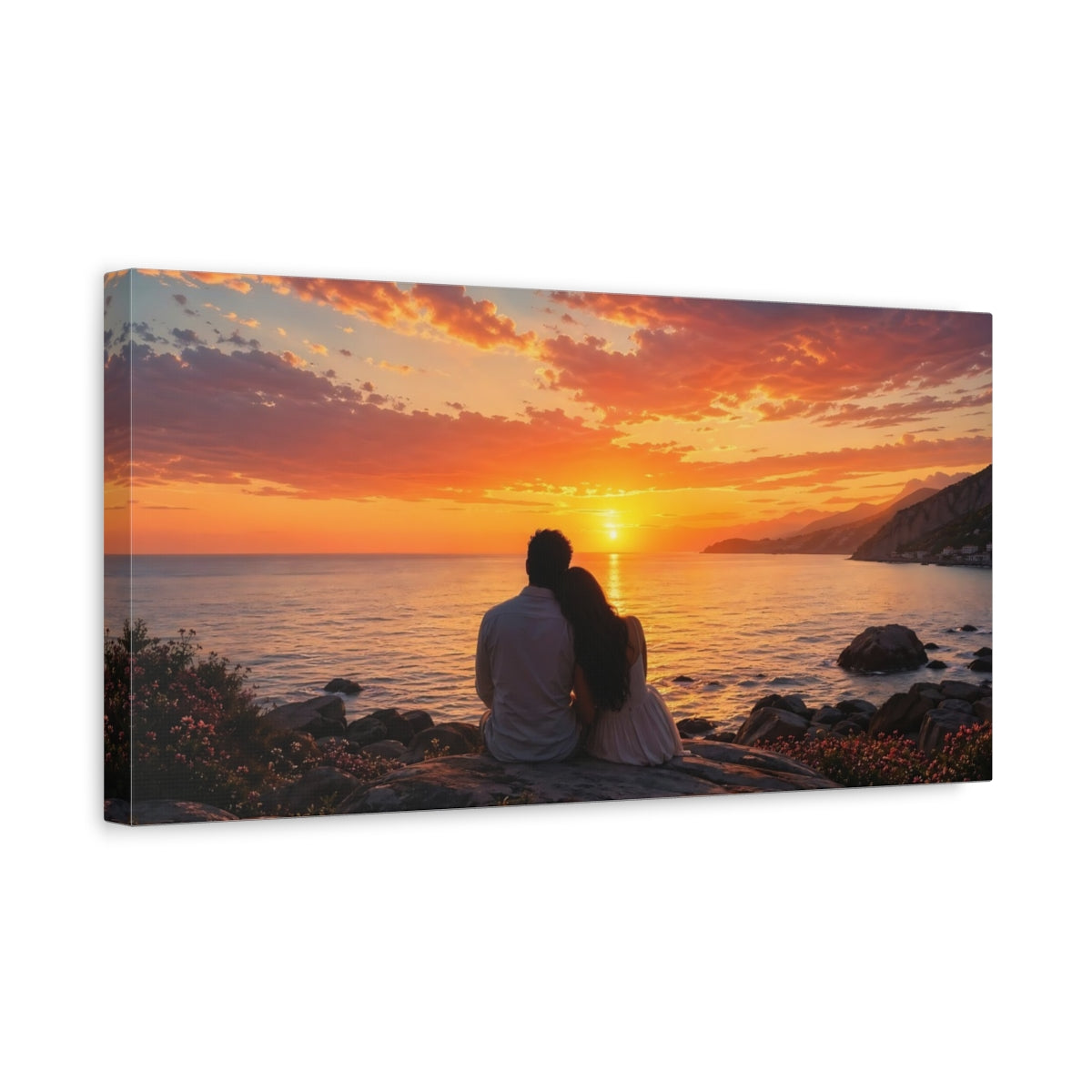 Side Mockup 3. Nature Couple Sunset Orange Sunset shown as stretched canvas wall art