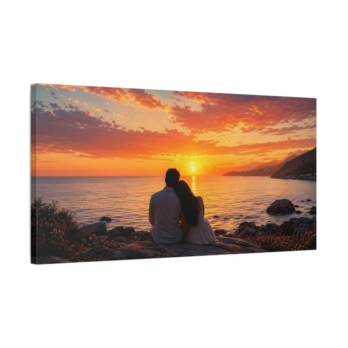 Side Mockup 1. Nature Couple Sunset Orange Sunset shown as stretched canvas wall art