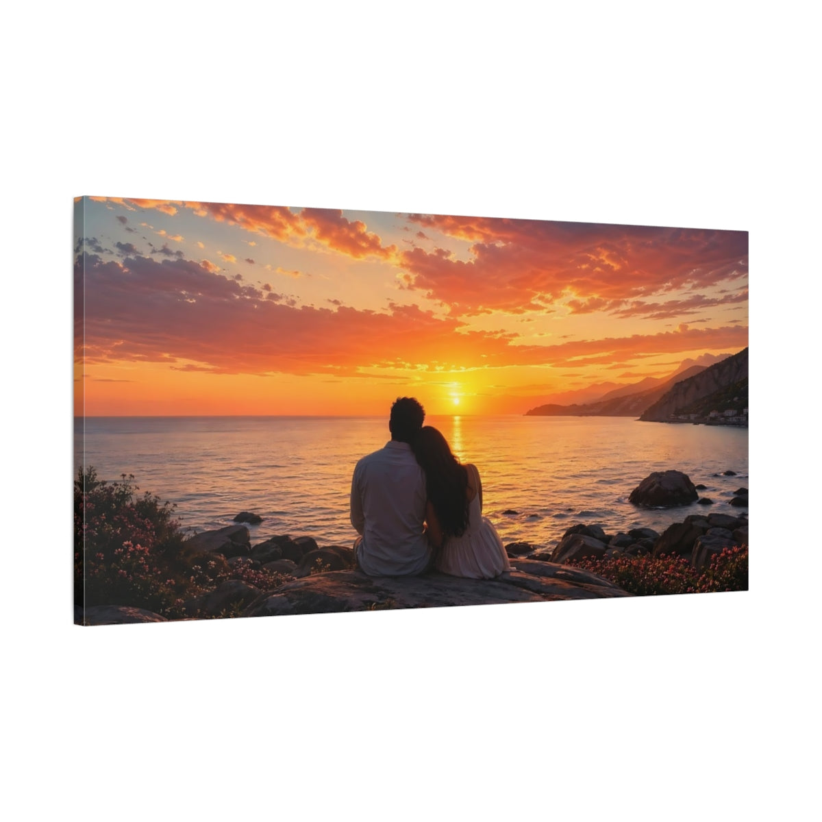 Main Mockup. Nature Couple Sunset Orange Sunset shown as stretched canvas wall art