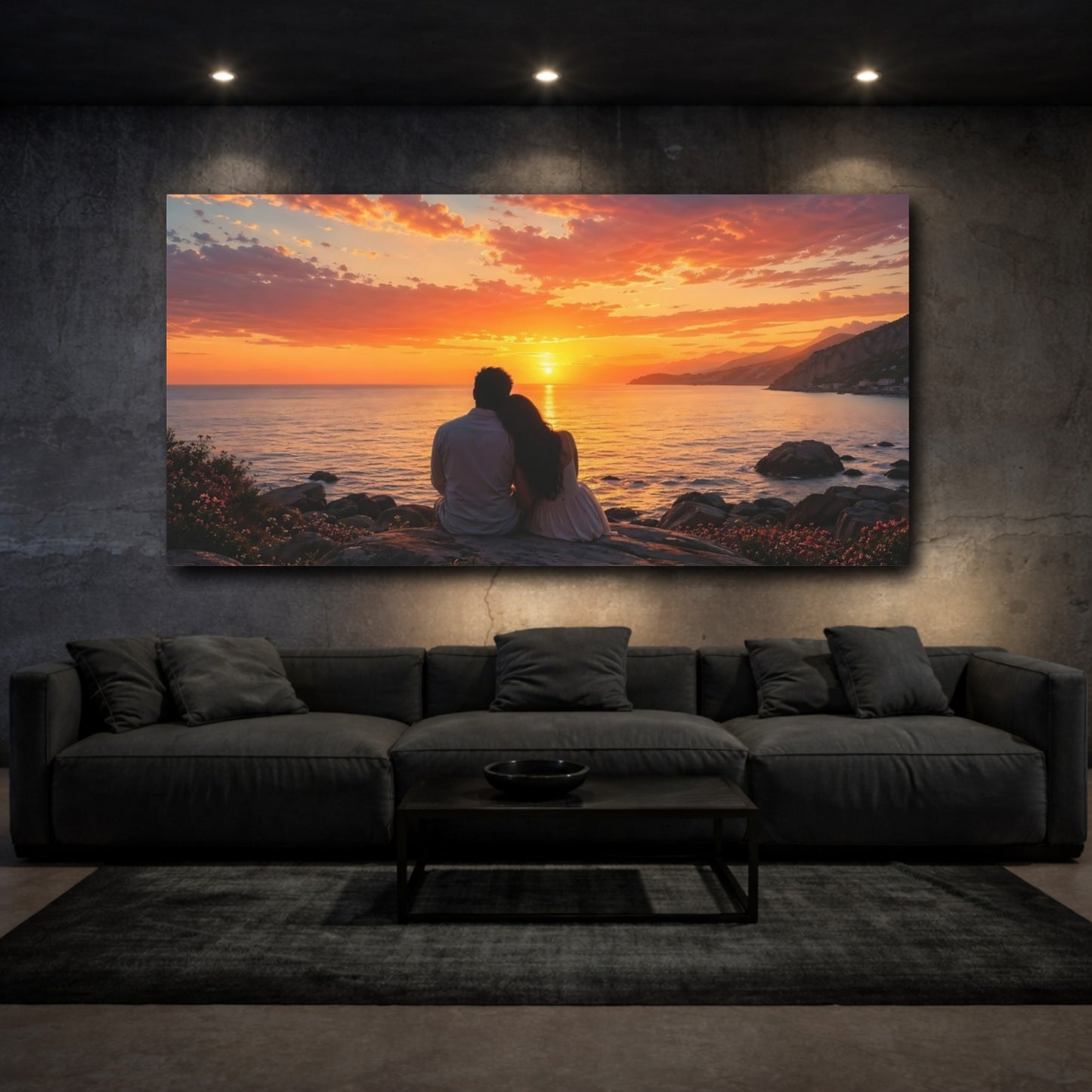 Mockup 2. Nature Couple Sunset Orange Sunset shown as stretched canvas wall art