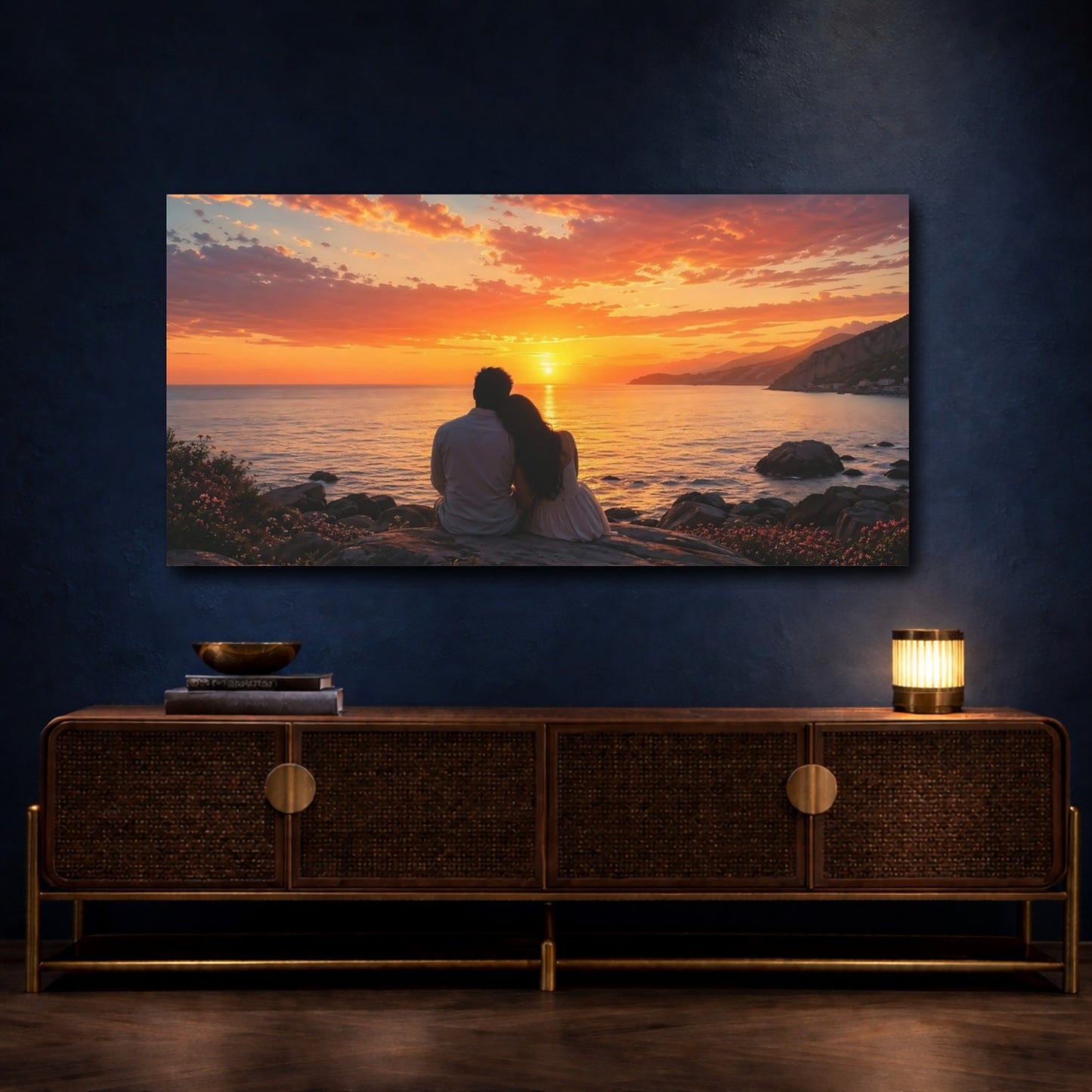 Mockup 4. Nature Couple Sunset Orange Sunset shown as stretched canvas wall art