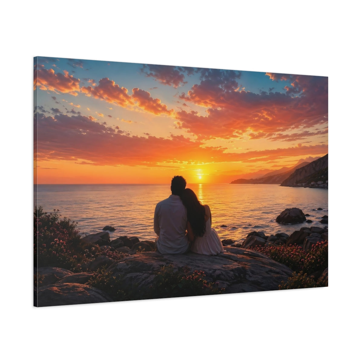Side Mockup 1. Nature Couple Sunset Romantic Couple Sunset shown as stretched canvas wall art