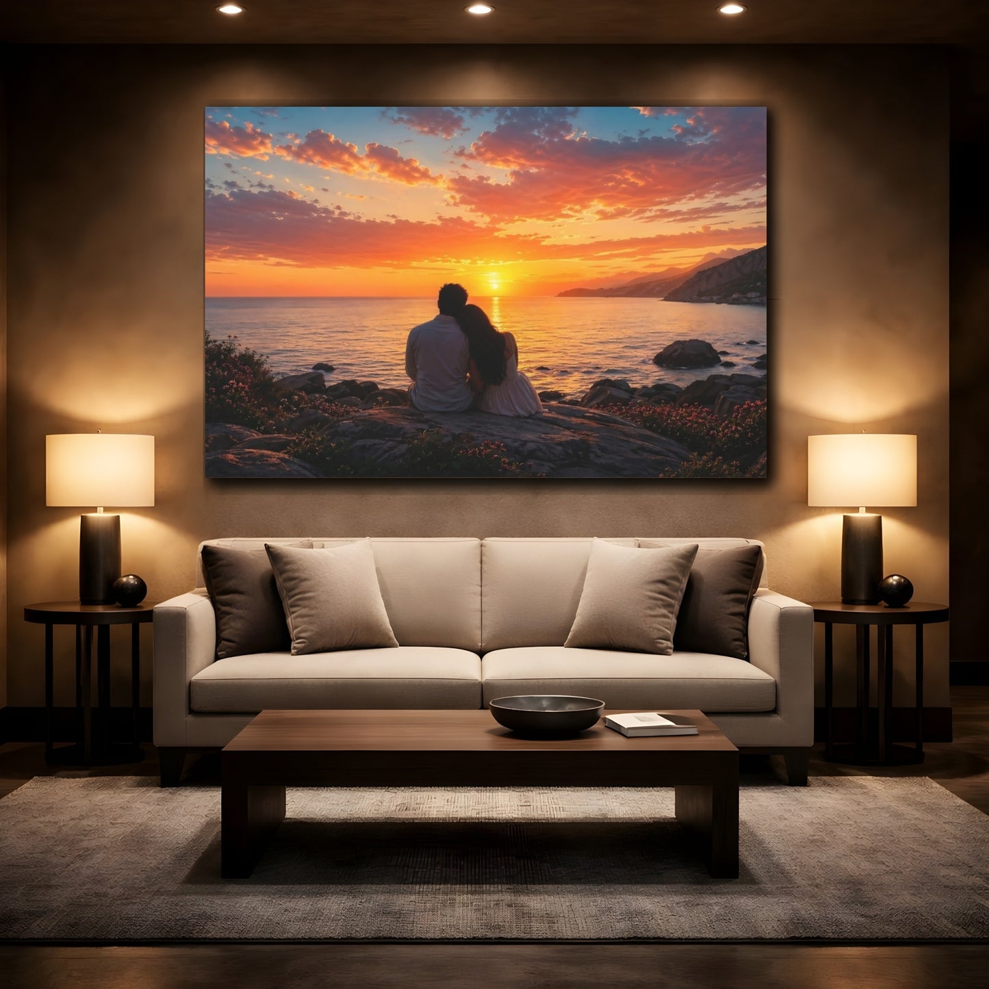 Mockup 2. Nature Couple Sunset Romantic Couple Sunset shown as stretched canvas wall art