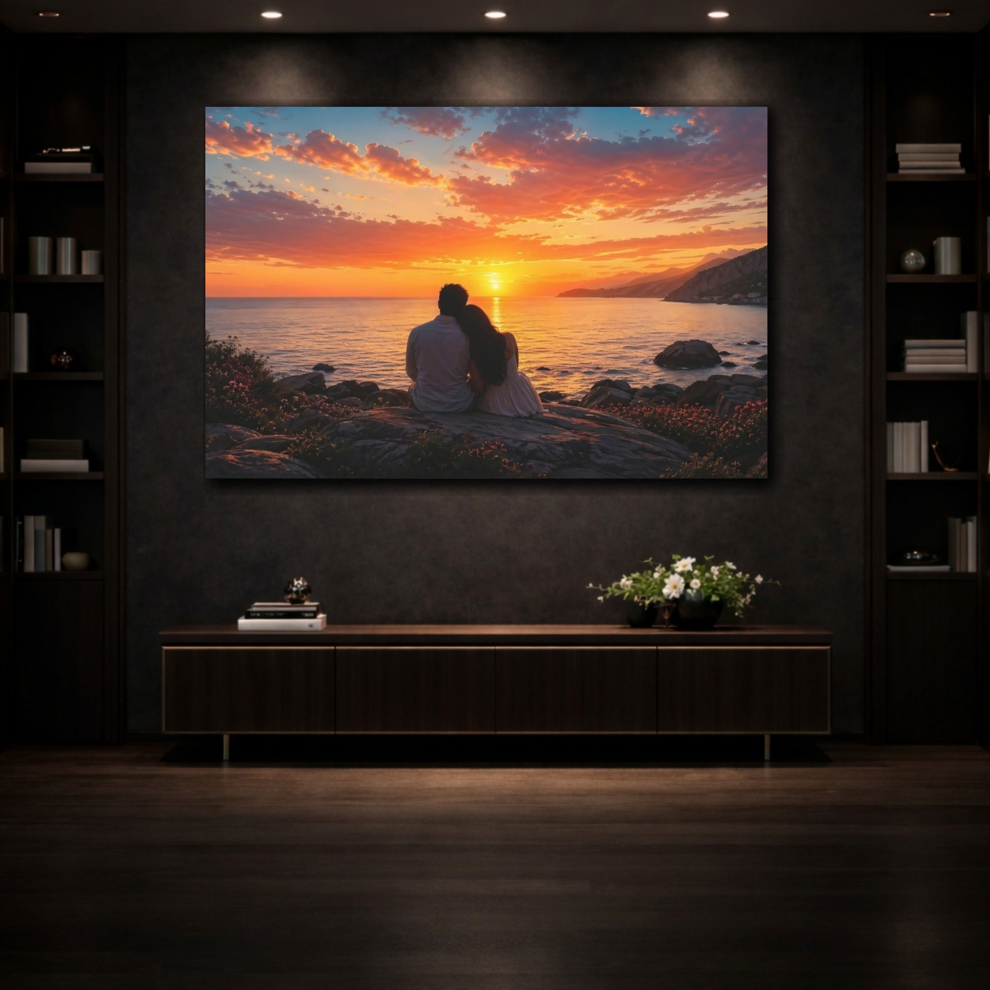 Mockup 3. Nature Couple Sunset Romantic Couple Sunset shown as stretched canvas wall art
