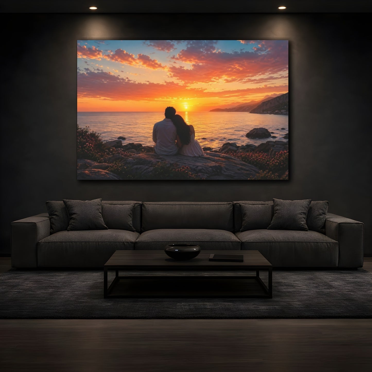 Mockup 4. Nature Couple Sunset Romantic Couple Sunset shown as stretched canvas wall art
