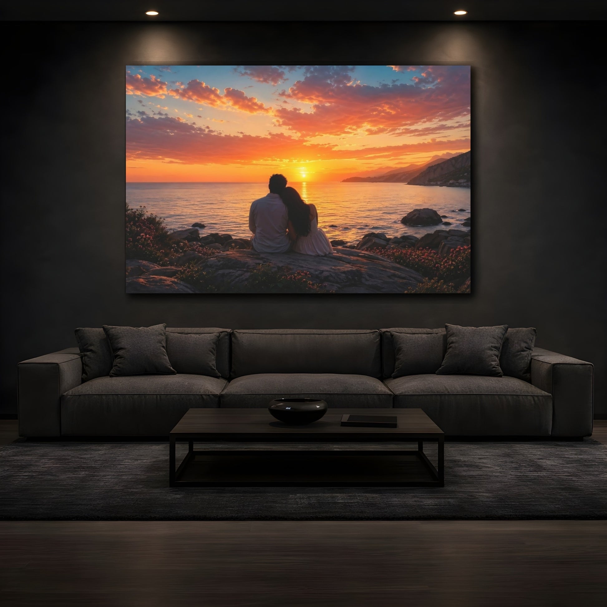 Mockup 4. Nature Couple Sunset Romantic Couple Sunset shown as stretched canvas wall art