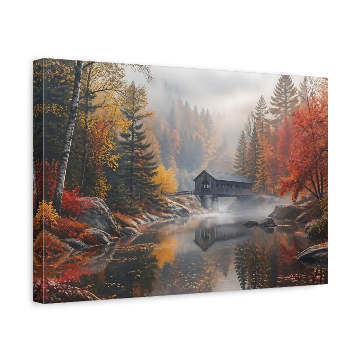 Side Mockup 4. Nature Covered Bridge Autumn Landscape shown as stretched canvas wall art