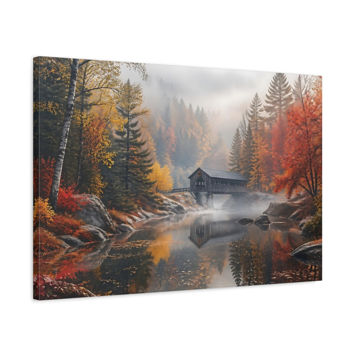 Side Mockup 2. Nature Covered Bridge Autumn Landscape shown as stretched canvas wall art