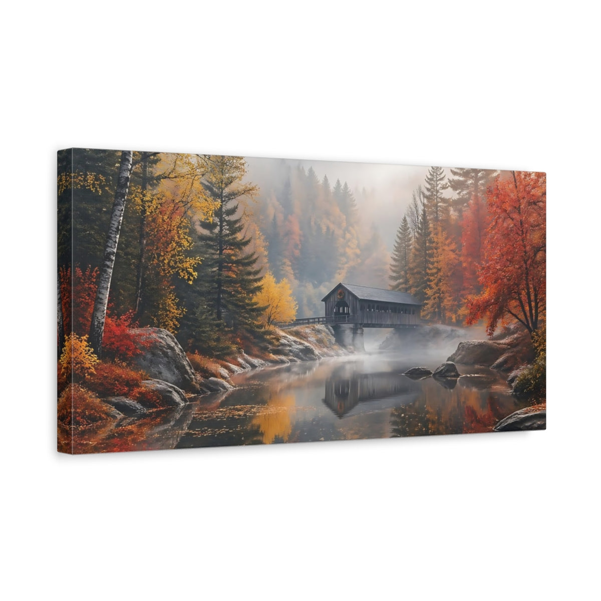 Side Mockup 3. Nature Covered Bridge Autumn Landscape shown as stretched canvas wall art