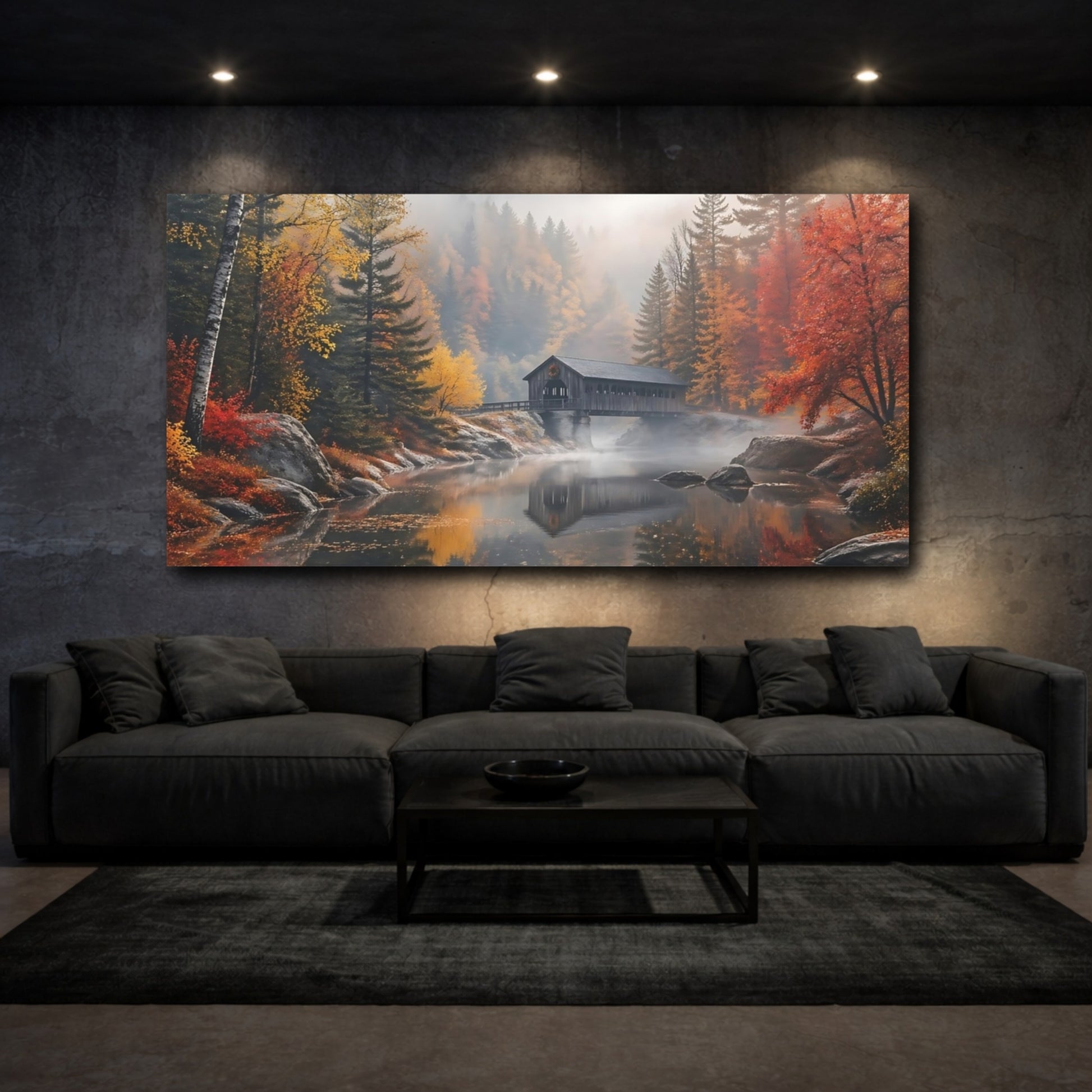 Mockup 2. Nature Covered Bridge Autumn Landscape shown as stretched canvas wall art