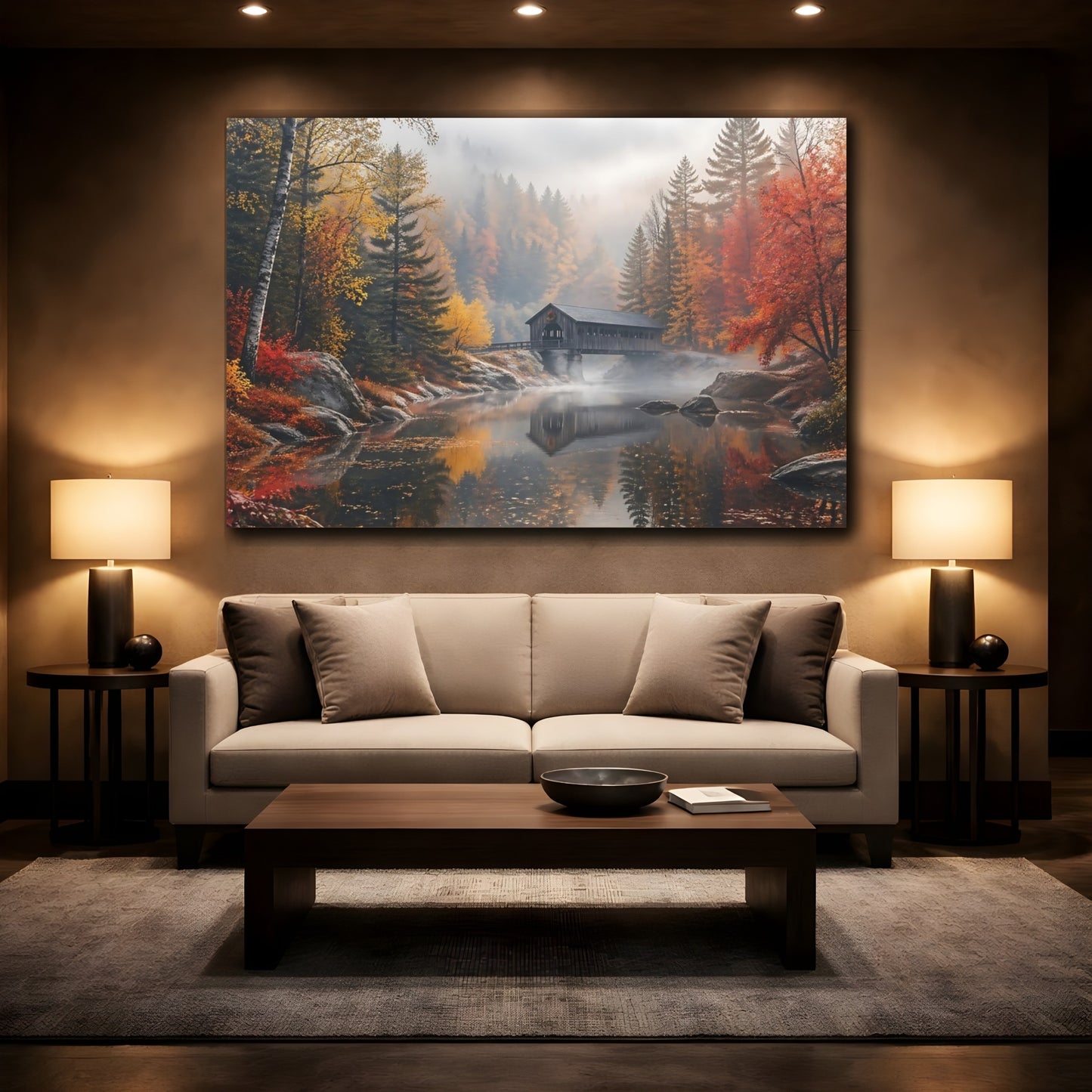 Mockup 2. Nature Covered Bridge Autumn Landscape shown as stretched canvas wall art