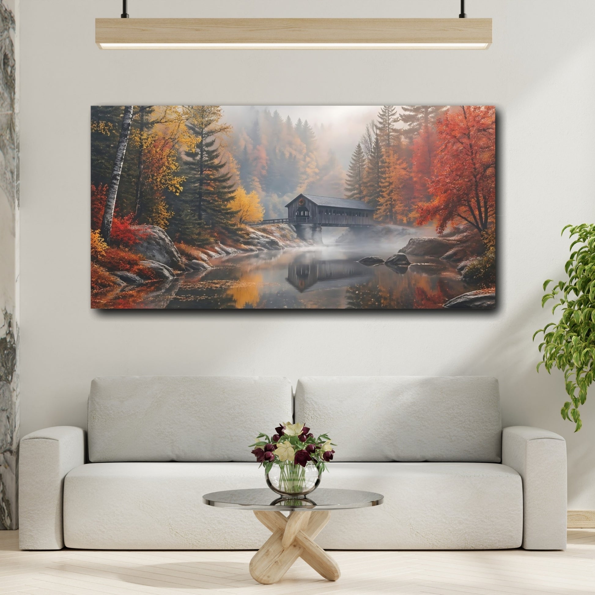 Mockup 3. Nature Covered Bridge Autumn Landscape shown as stretched canvas wall art