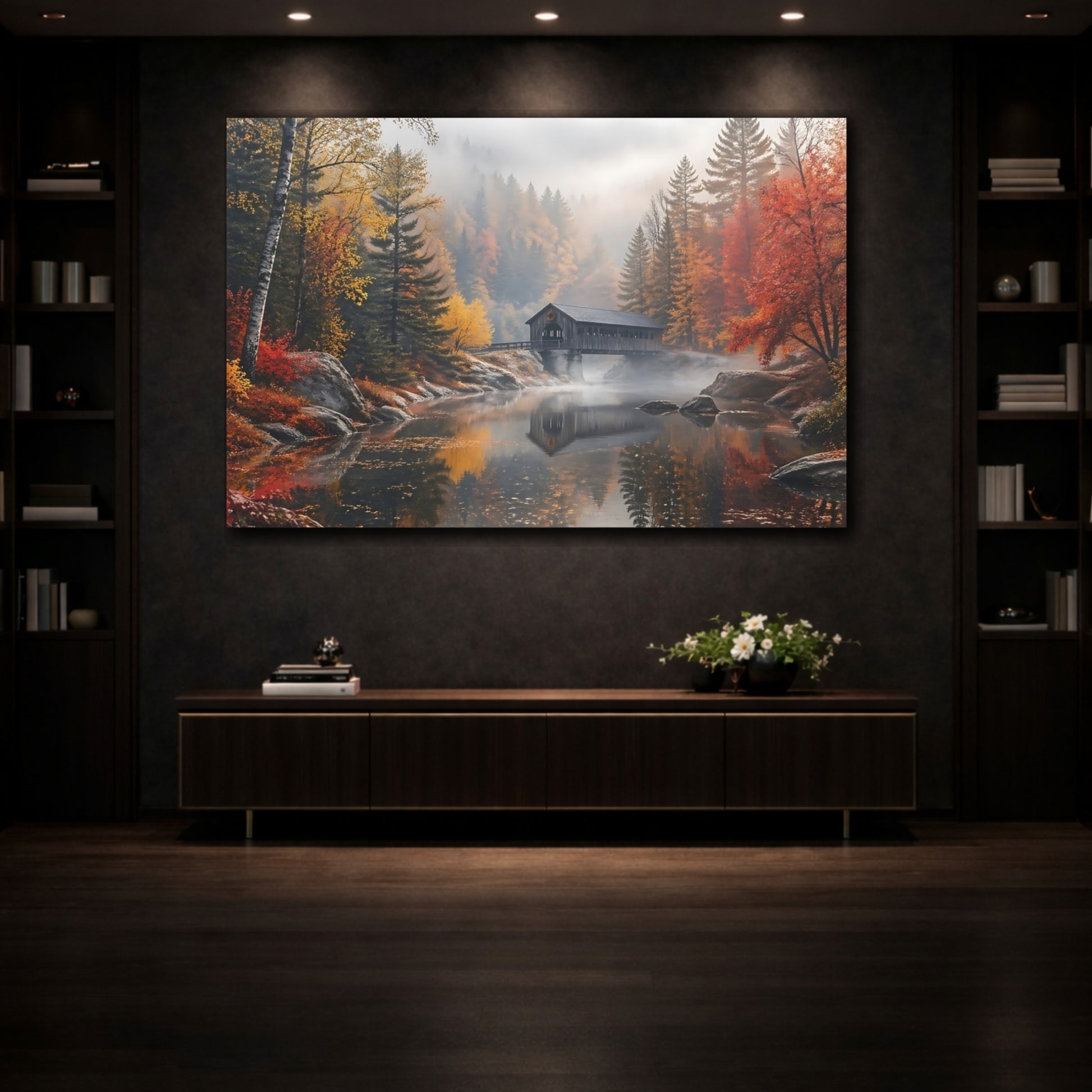 Mockup 3. Nature Covered Bridge Autumn Landscape shown as stretched canvas wall art