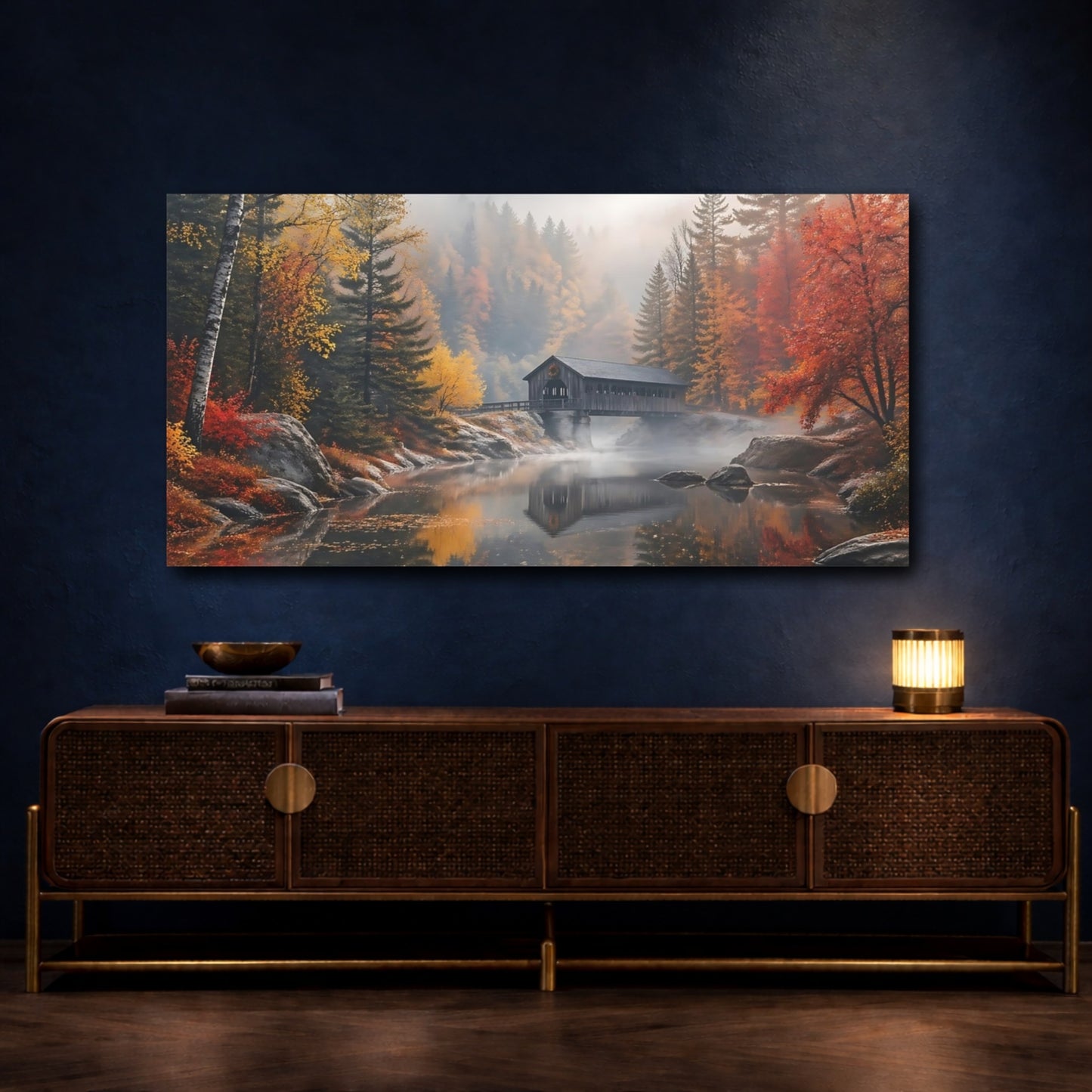 Mockup 4. Nature Covered Bridge Autumn Landscape shown as stretched canvas wall art