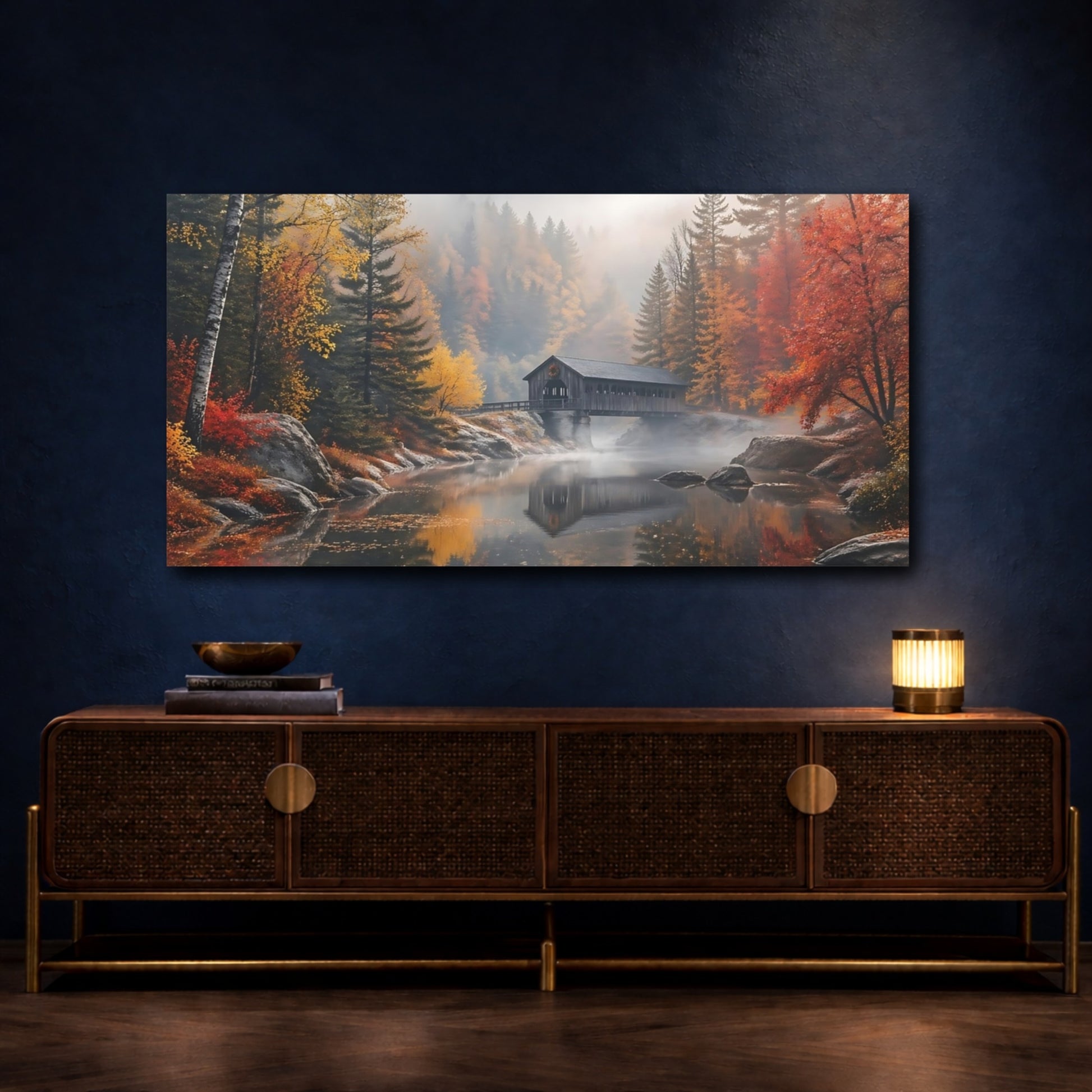 Mockup 4. Nature Covered Bridge Autumn Landscape shown as stretched canvas wall art