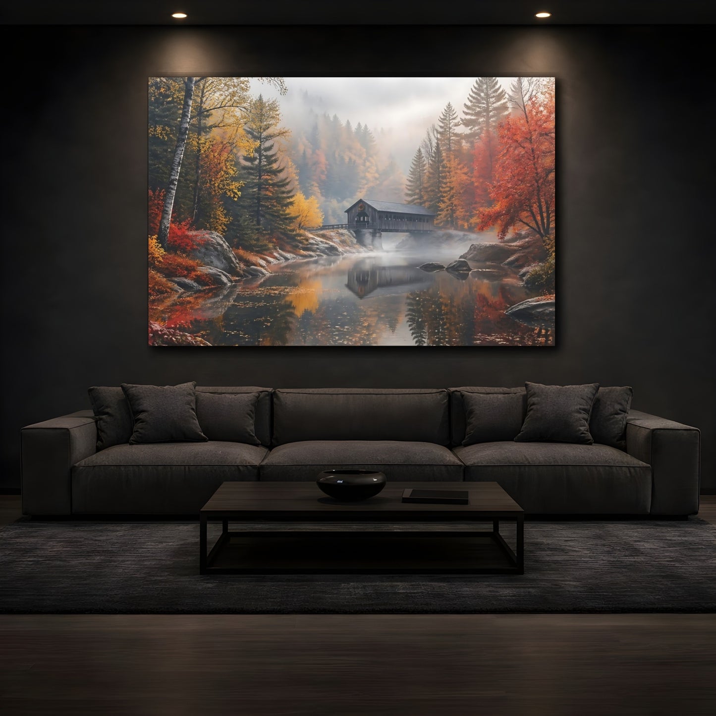 Mockup 4. Nature Covered Bridge Autumn Landscape shown as stretched canvas wall art