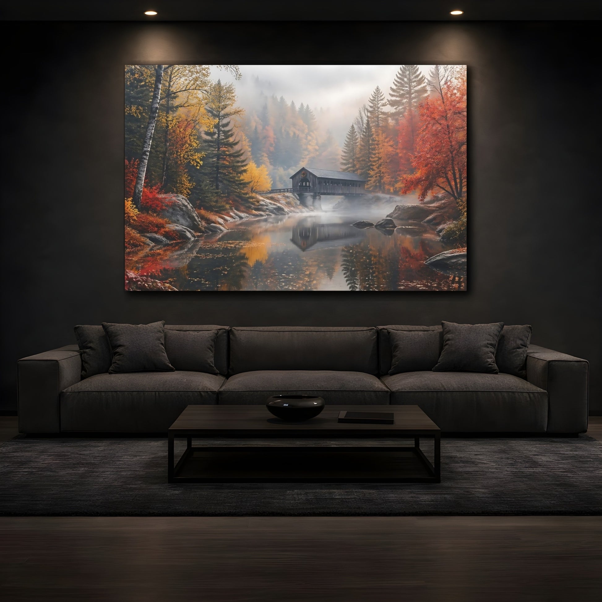 Mockup 4. Nature Covered Bridge Autumn Landscape shown as stretched canvas wall art