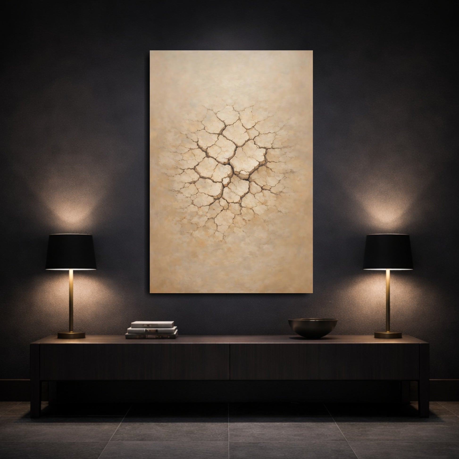 Mockup 2. Nature Cracked Earth Beige Cracked Earth shown as stretched canvas wall art