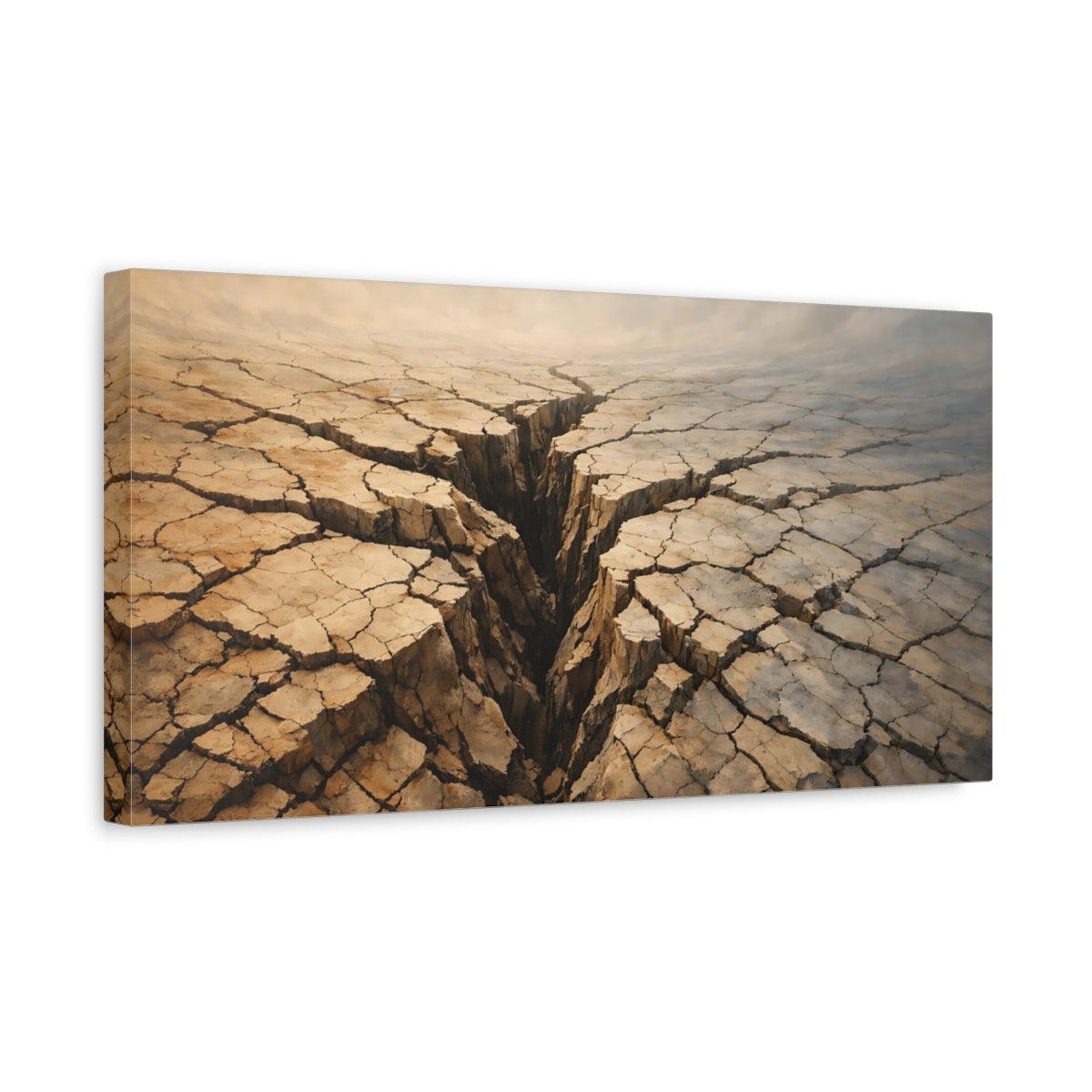 Side Mockup 3. Nature Cracked Earth Brown And Beige shown as stretched canvas wall art