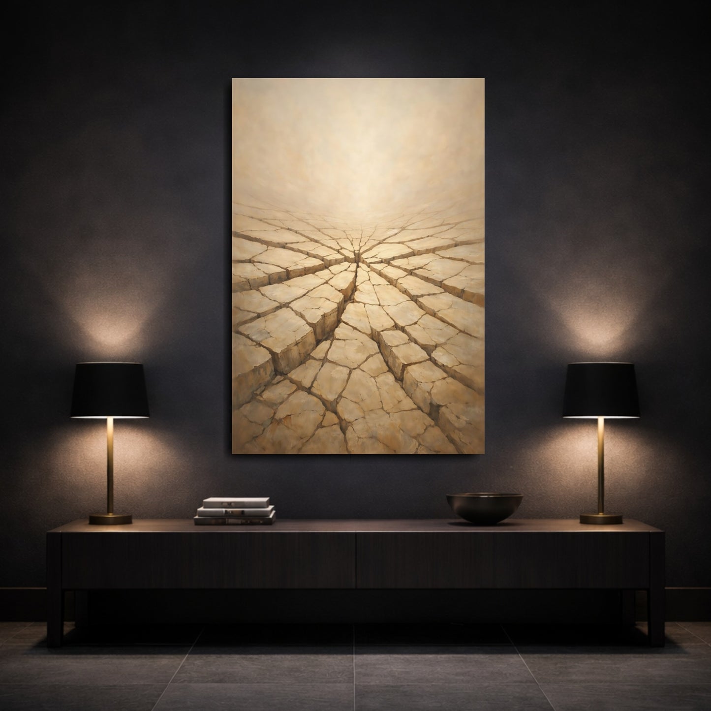 Mockup 2. Nature Cracked Earth Brown And Beige shown as stretched canvas wall art
