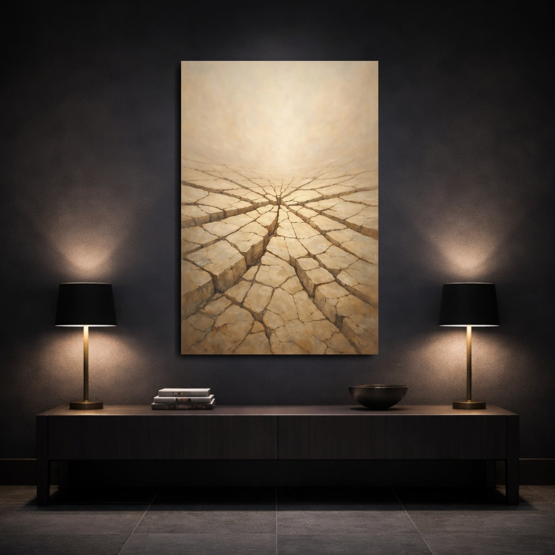 Mockup 2. Nature Cracked Earth Brown And Beige shown as stretched canvas wall art