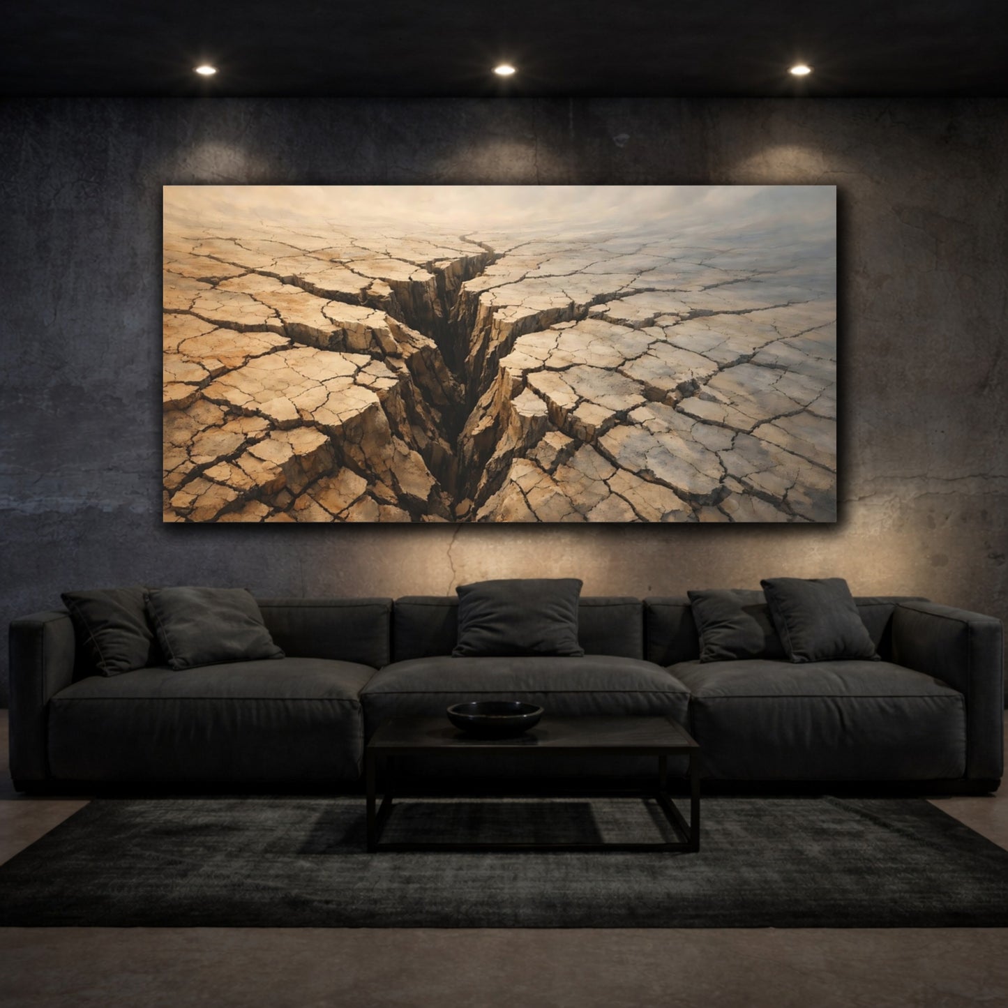Mockup 2. Nature Cracked Earth Brown And Beige shown as stretched canvas wall art