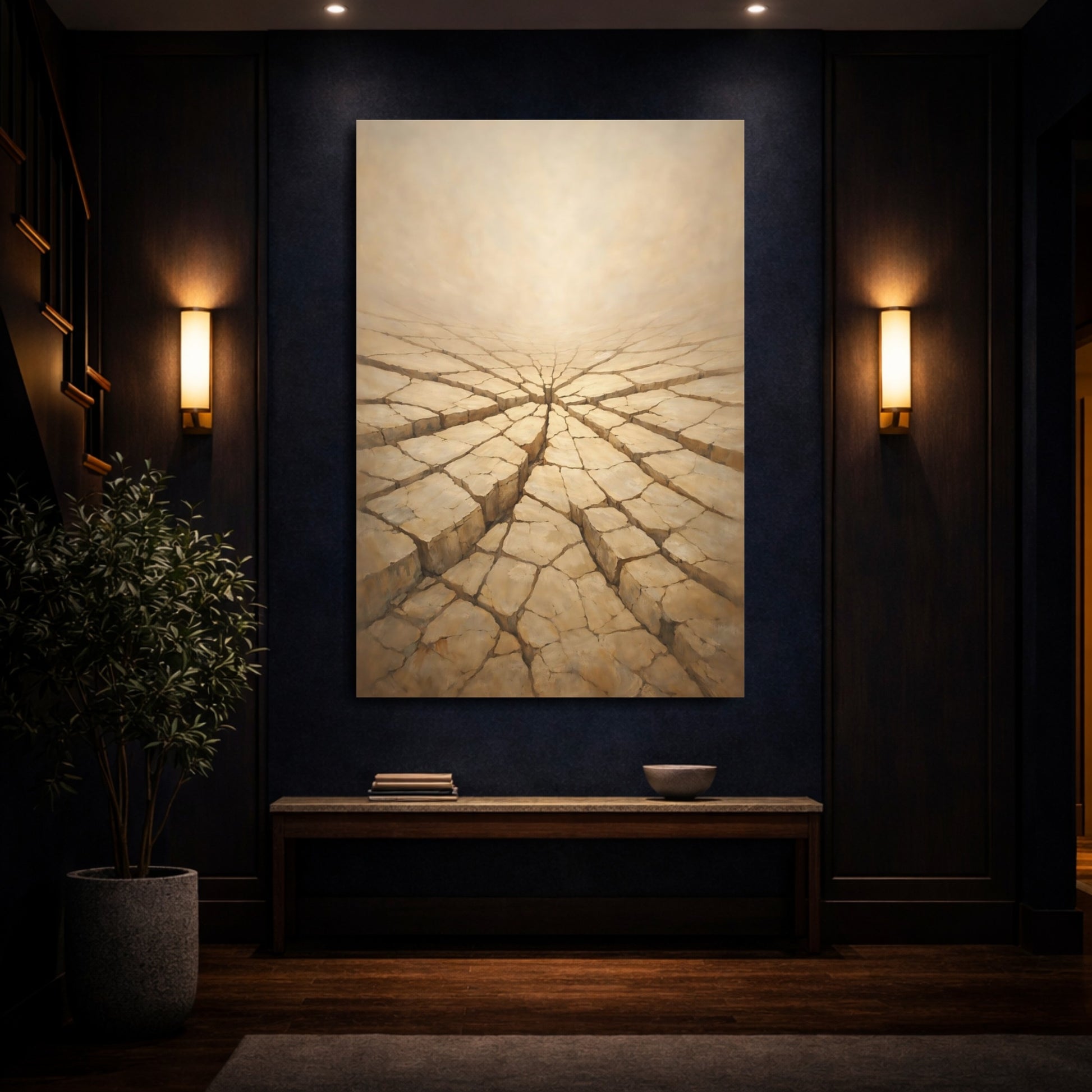 Mockup 3. Nature Cracked Earth Brown And Beige shown as stretched canvas wall art