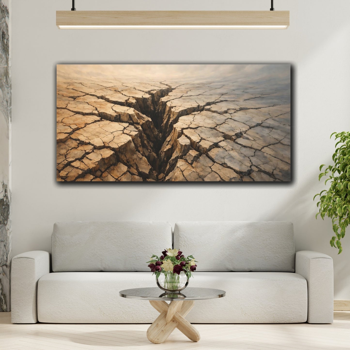 Mockup 3. Nature Cracked Earth Brown And Beige shown as stretched canvas wall art