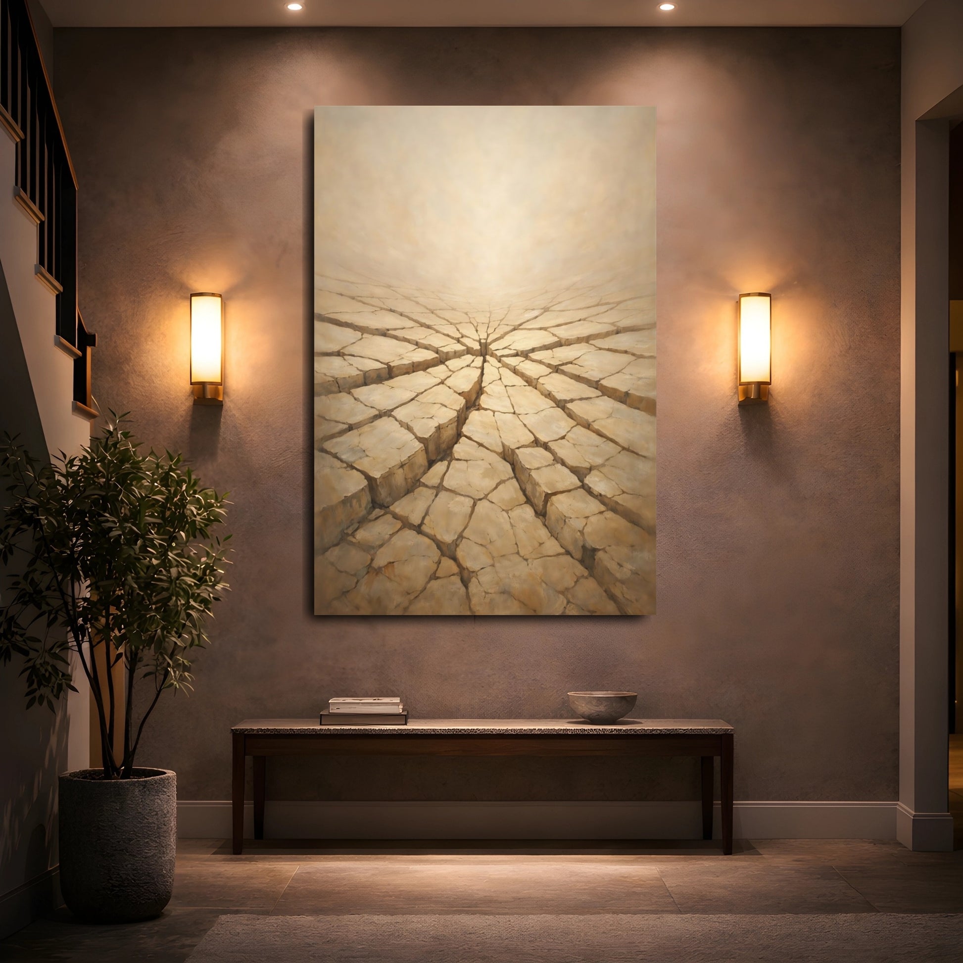 Mockup 4. Nature Cracked Earth Brown And Beige shown as stretched canvas wall art