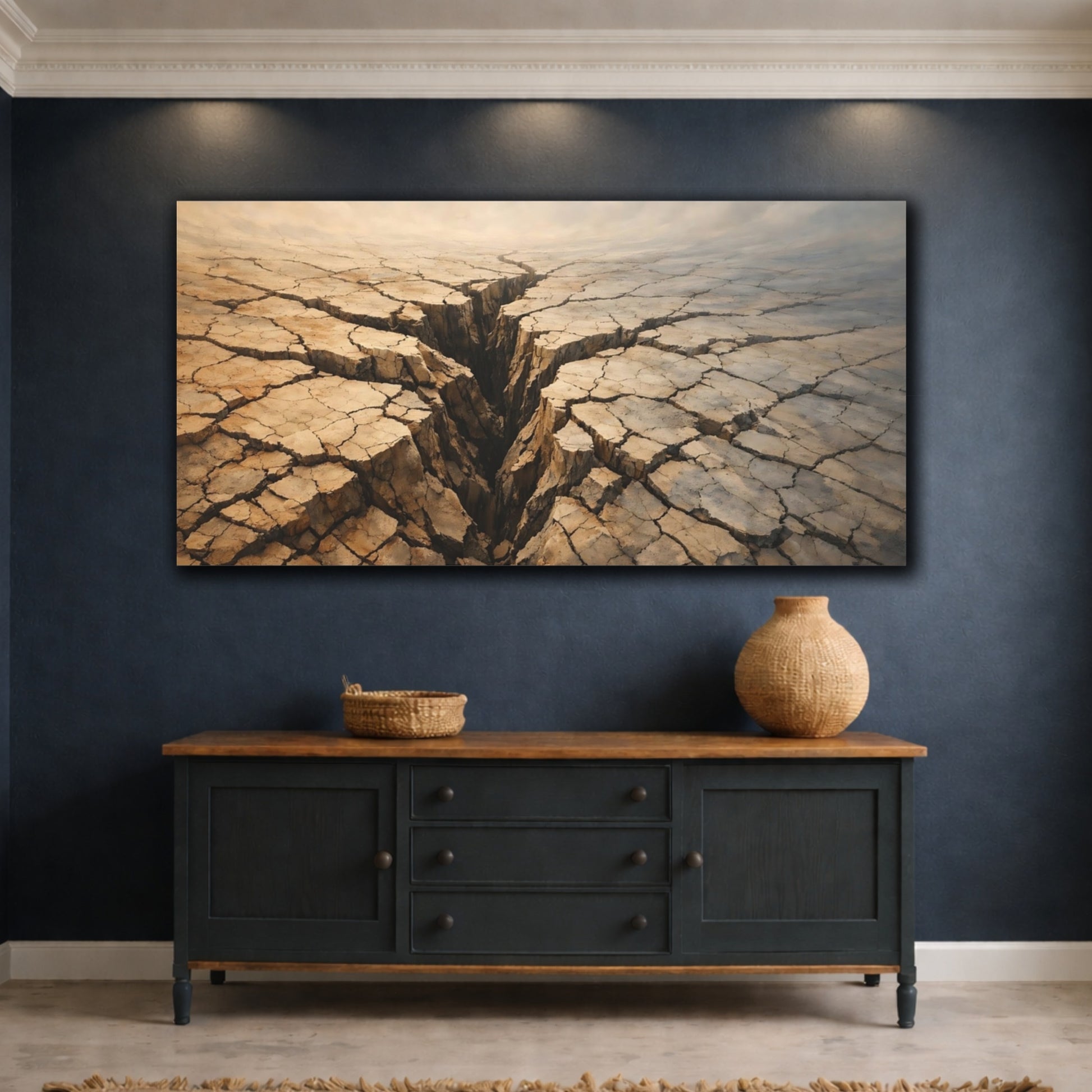 Mockup 4. Nature Cracked Earth Brown And Beige shown as stretched canvas wall art