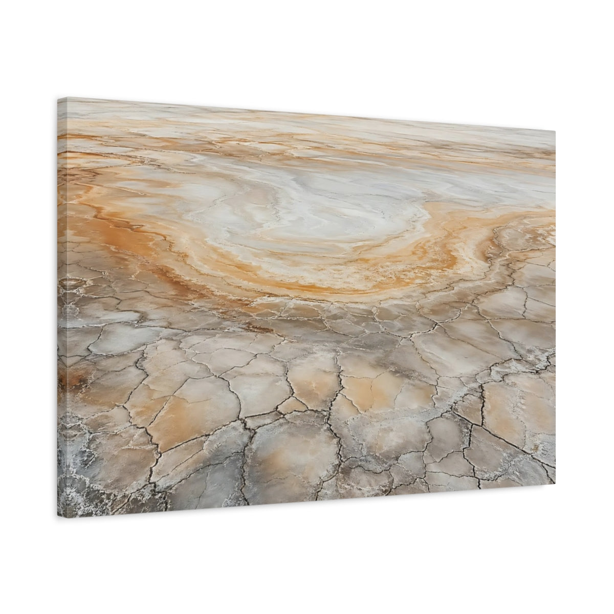 Side Mockup 2. Nature Cracked Earth Brown And Grey Earth shown as stretched canvas wall art
