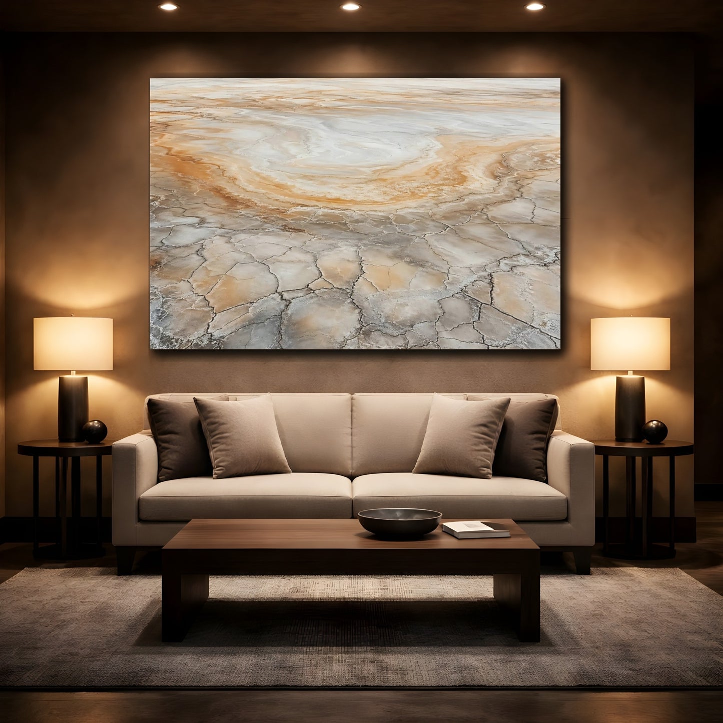 Mockup 2. Nature Cracked Earth Brown And Grey Earth shown as stretched canvas wall art