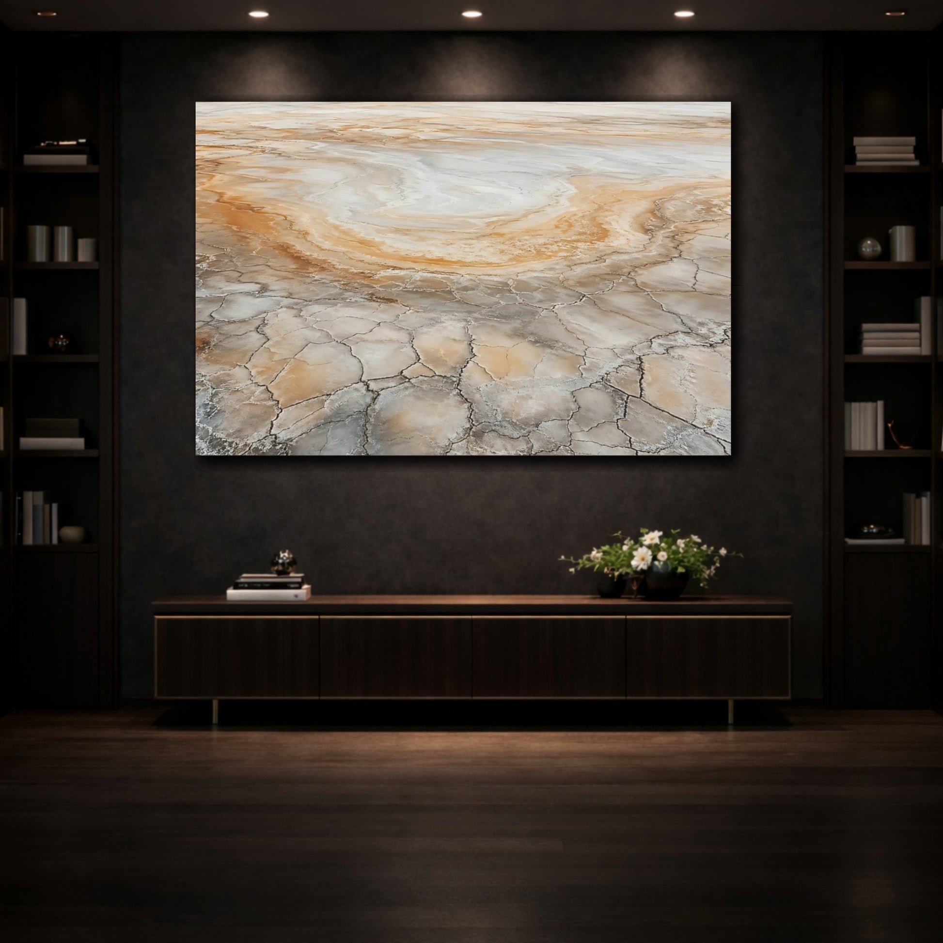 Mockup 3. Nature Cracked Earth Brown And Grey Earth shown as stretched canvas wall art