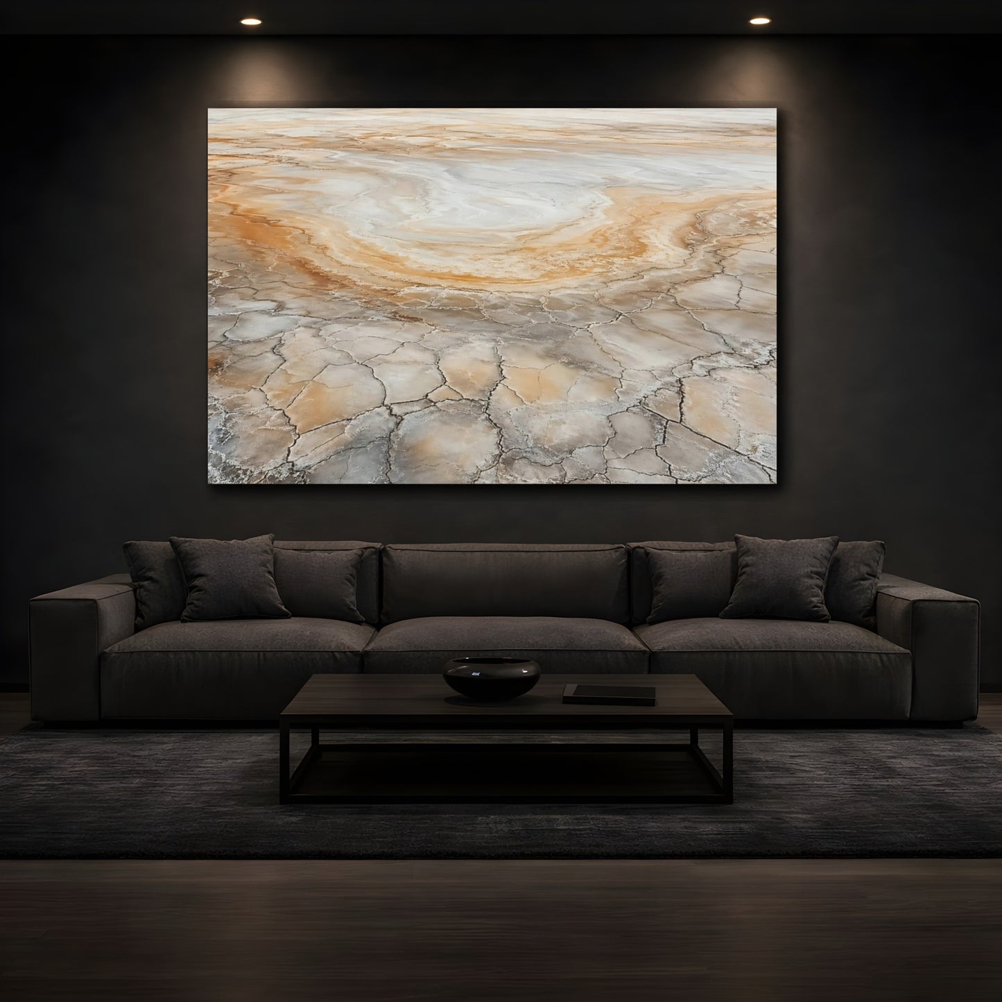 Mockup 4. Nature Cracked Earth Brown And Grey Earth shown as stretched canvas wall art