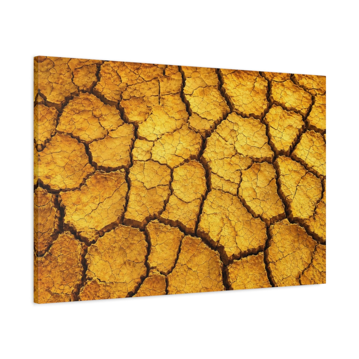 Main Mockup. Nature Cracked Earth Golden Brown shown as stretched canvas wall art