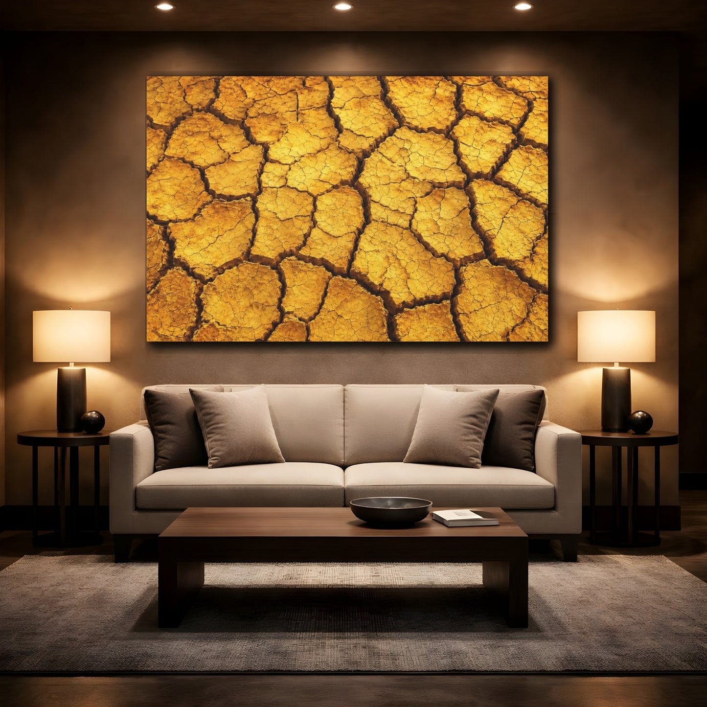 Mockup 2. Nature Cracked Earth Golden Brown shown as stretched canvas wall art