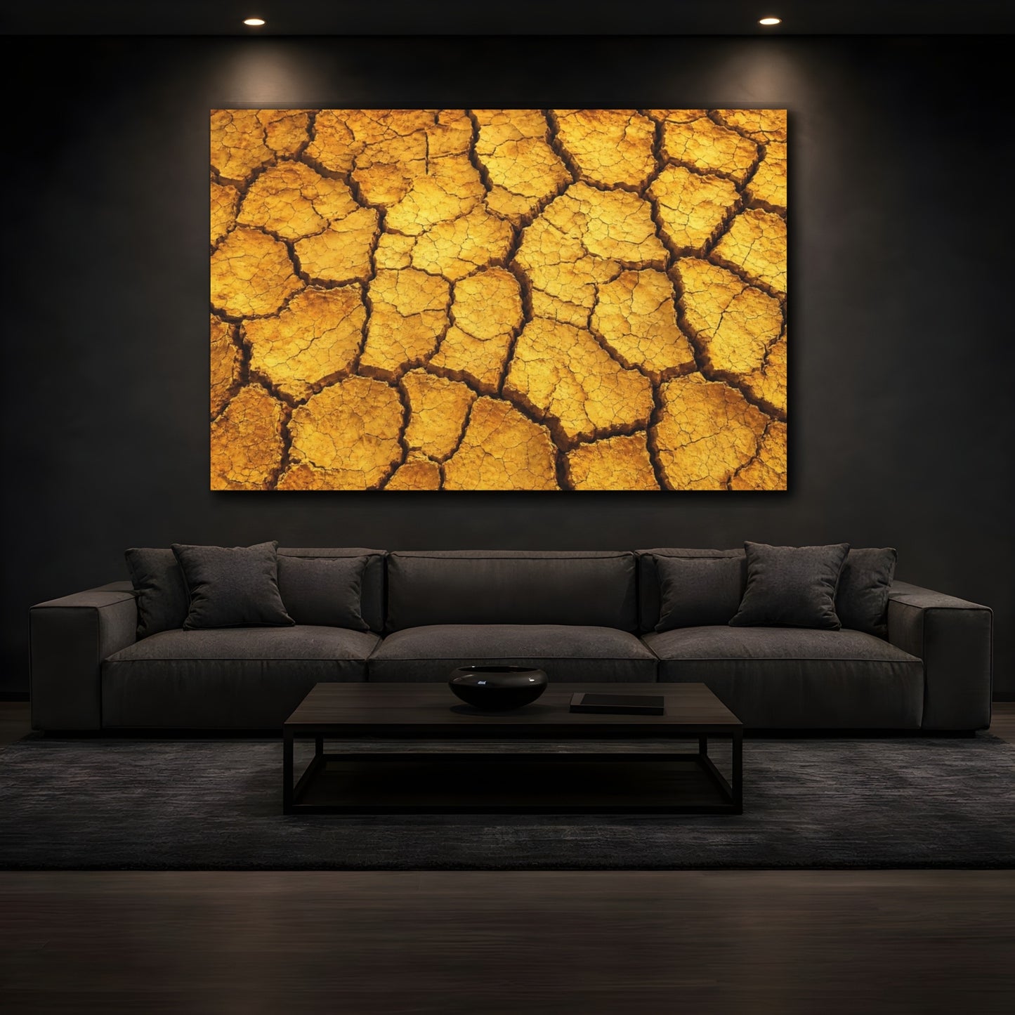 Mockup 3. Nature Cracked Earth Golden Brown shown as stretched canvas wall art