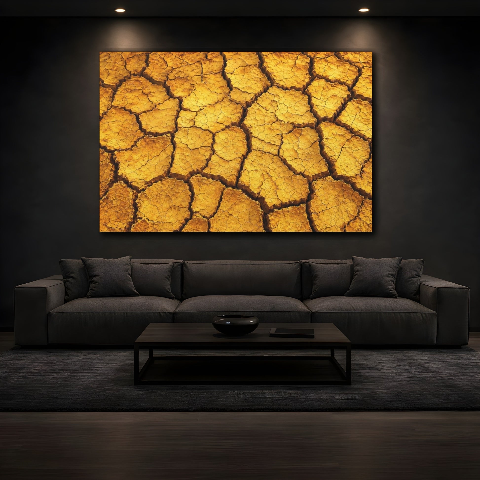 Mockup 3. Nature Cracked Earth Golden Brown shown as stretched canvas wall art