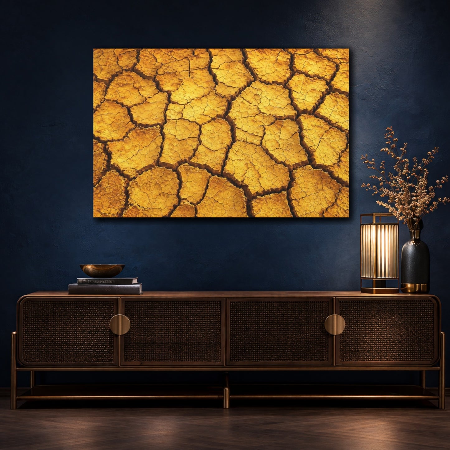 Mockup 4. Nature Cracked Earth Golden Brown shown as stretched canvas wall art