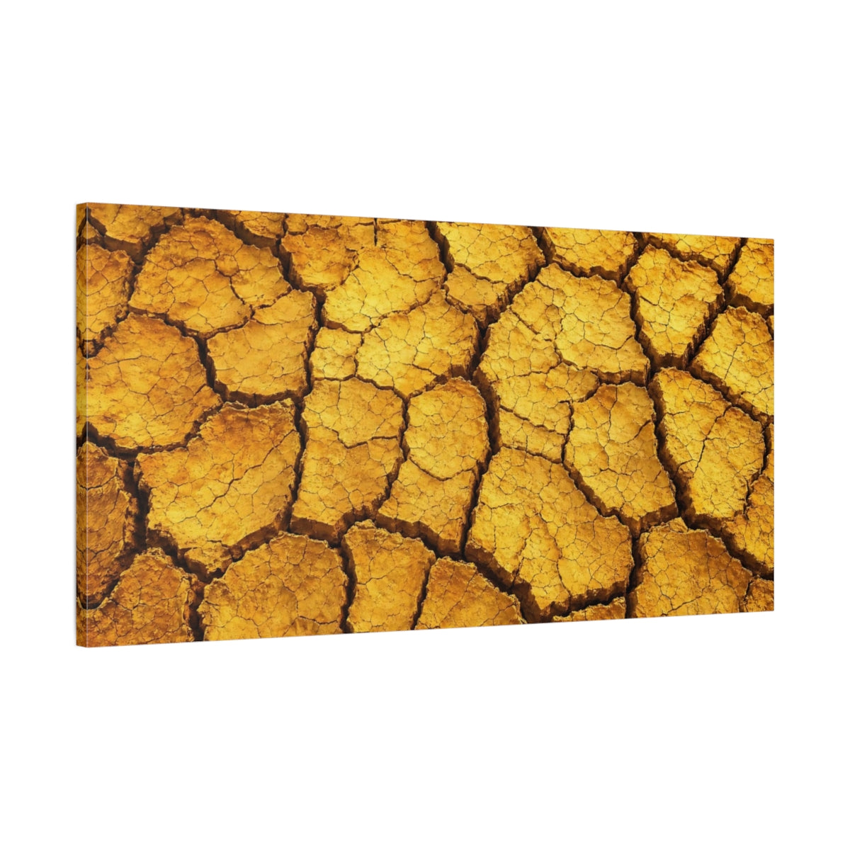 Main Mockup. Nature Cracked Earth Yellow Orange Texture shown as stretched canvas wall art