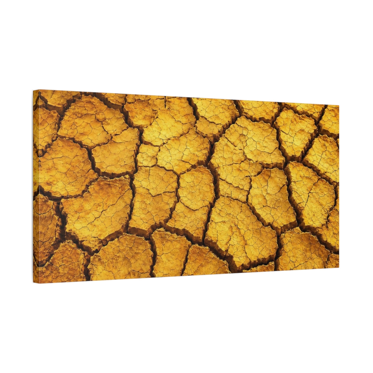Side Mockup 1. Nature Cracked Earth Yellow Orange Texture shown as stretched canvas wall art